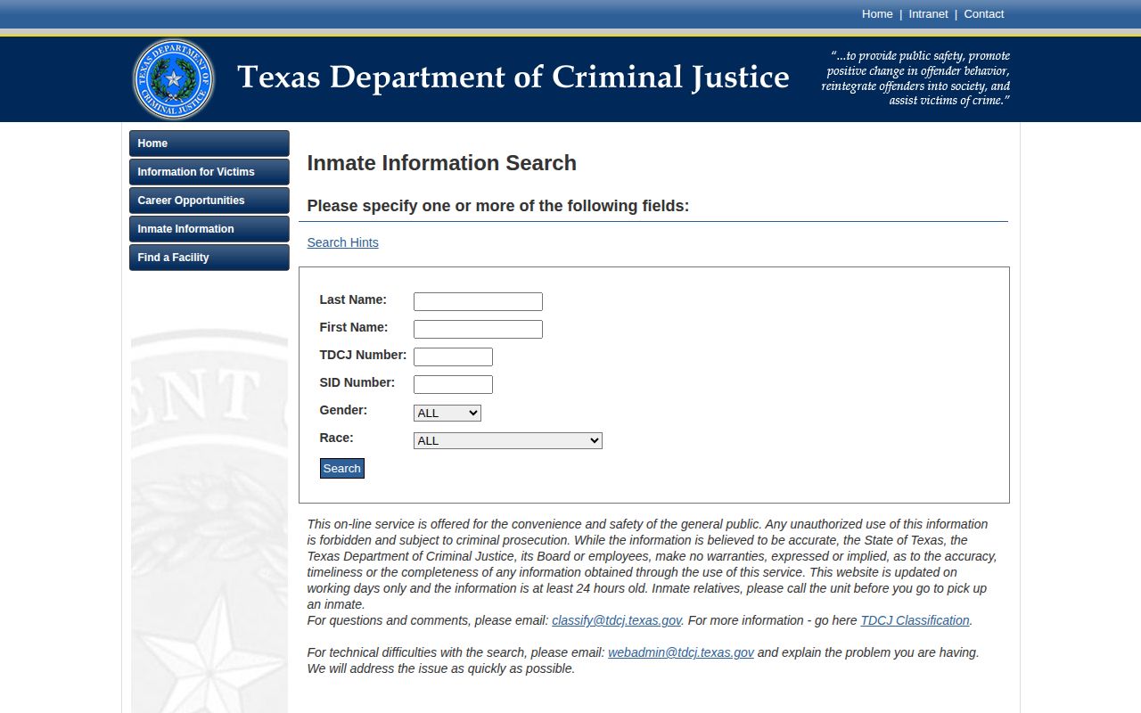 TDCJ inmate search form used for a Karnes County state prisoner