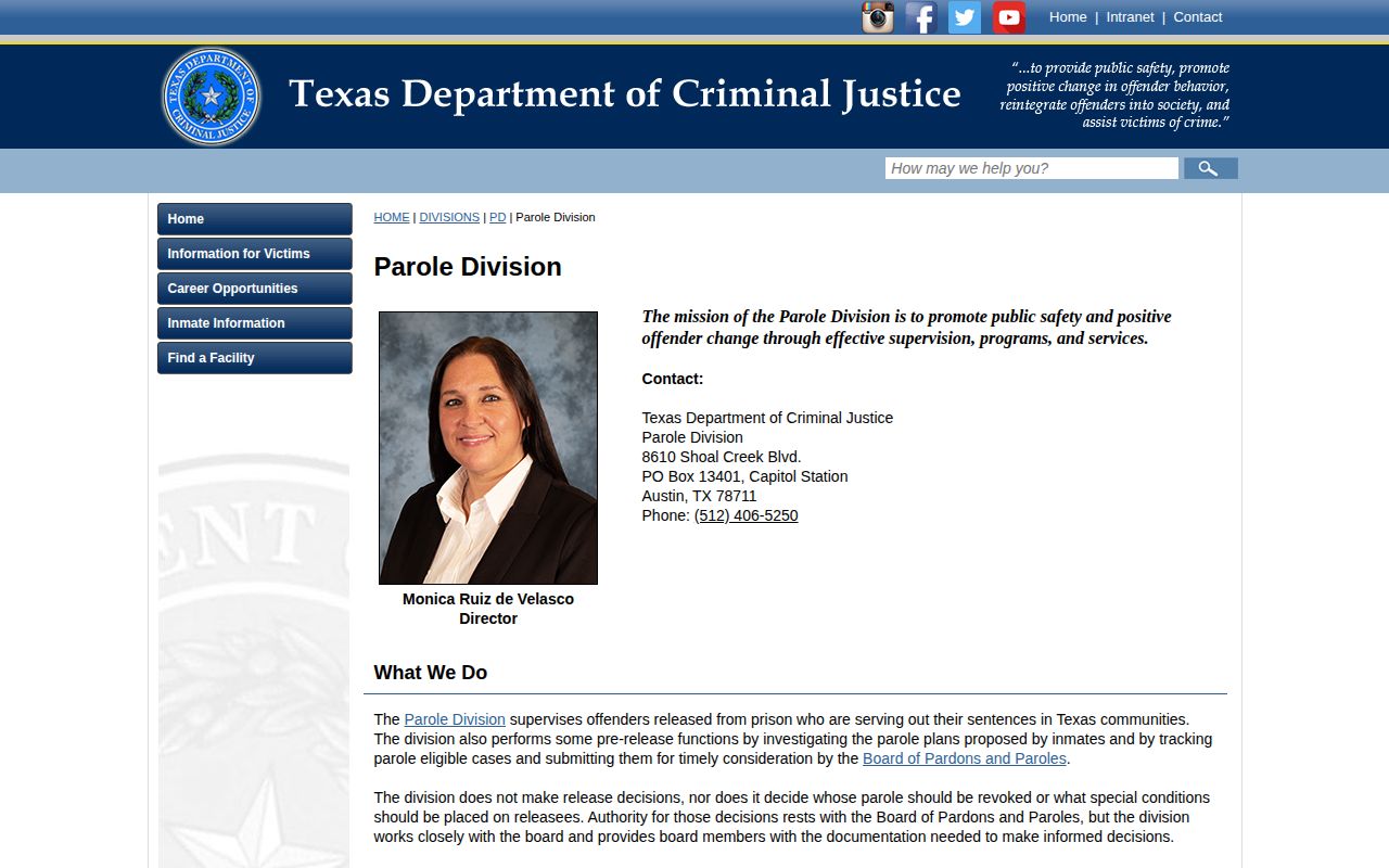 Karnes County post-release supervision route on the TDCJ Parole Division website